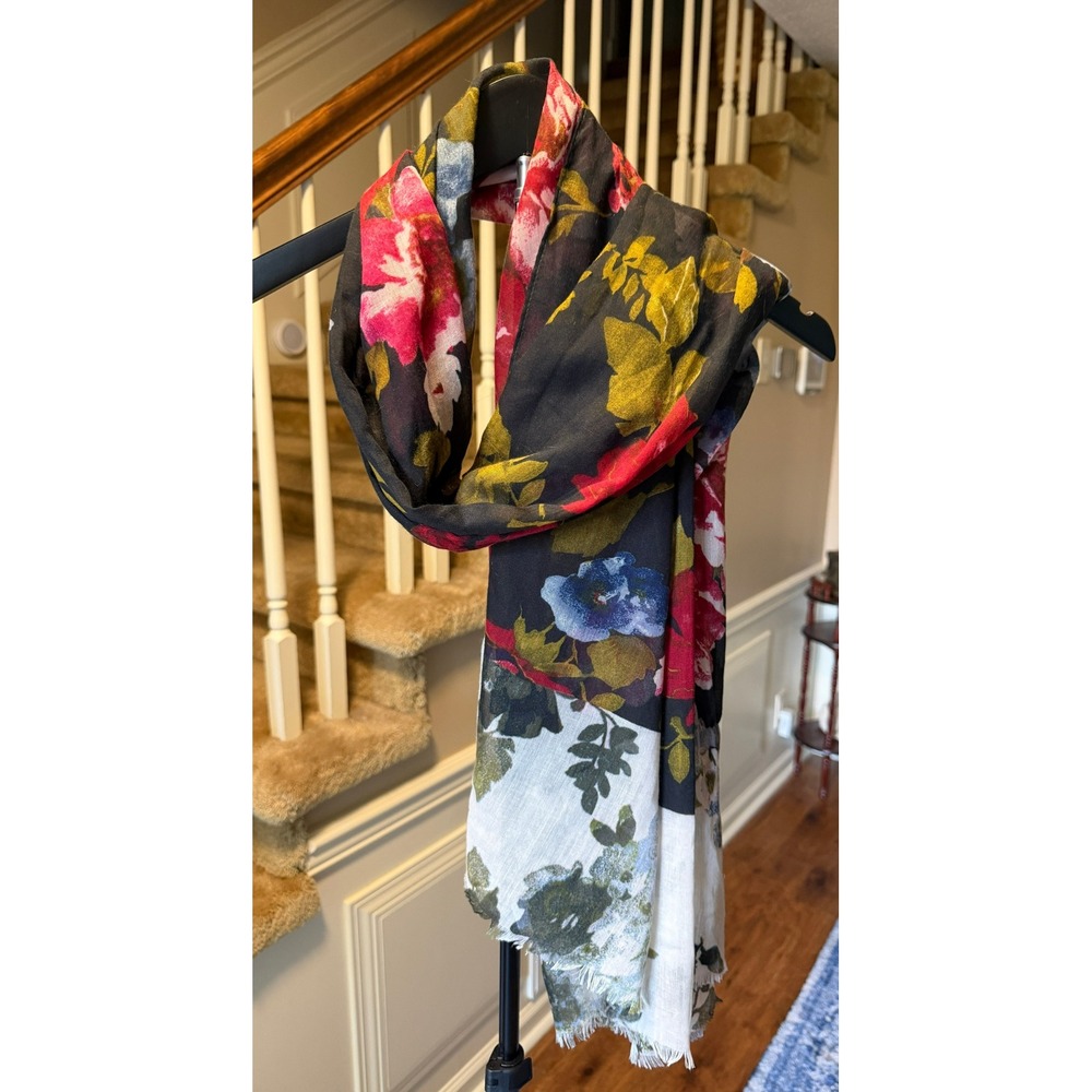 J. Jill Floral Scarf Lightweight Gauze Wrap Pink Blue Black White Fringed Trim